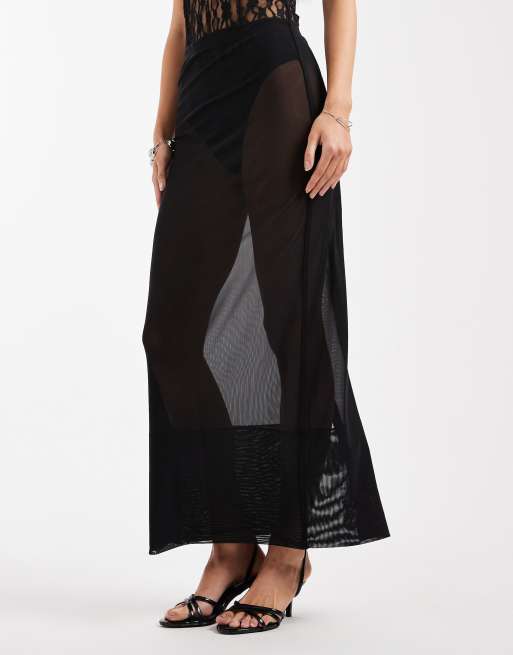 ASOS DESIGN sheer maxi mesh column skirt with deep hem in black (Part of a set), 3 of 5