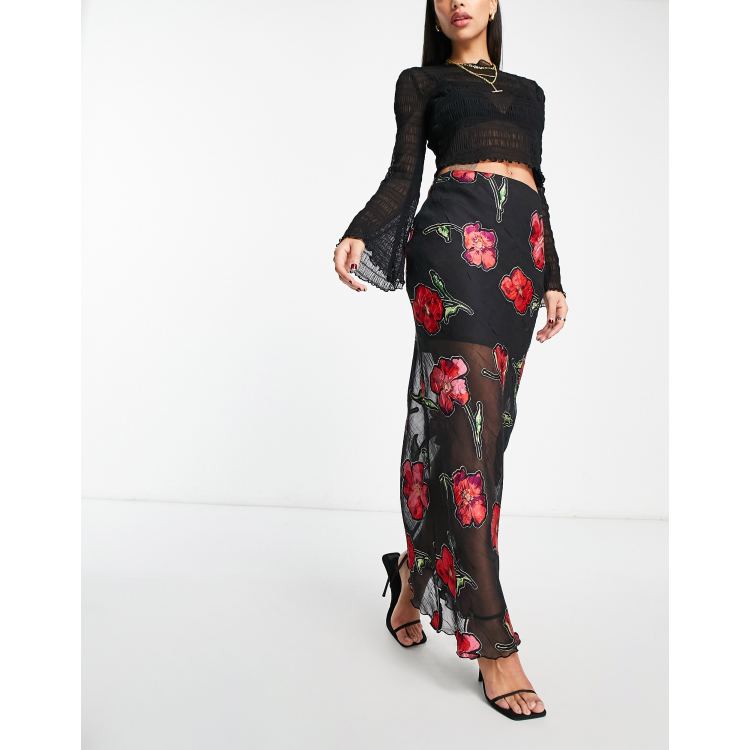 ASOS DESIGN sheer maxi skirt in rose floral burnout