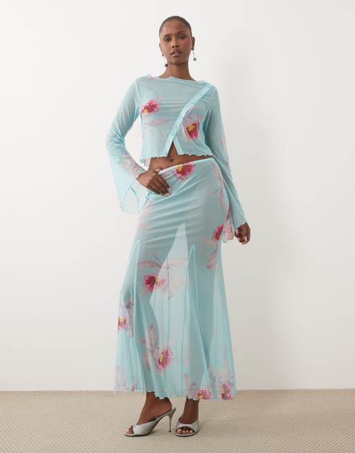 ASOS DESIGN sheer maxi skirt & cardigan set in blue floral, 2 of 3