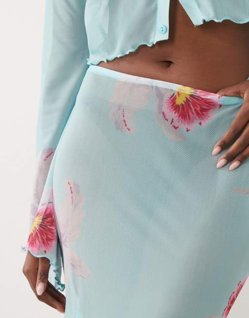 ASOS DESIGN sheer maxi skirt in turquoise floral (part of a set), 5 of 5