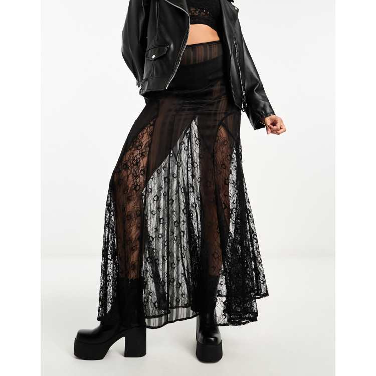 ASOS DESIGN sheer maxi skirt with lace inserts in black | ASOS