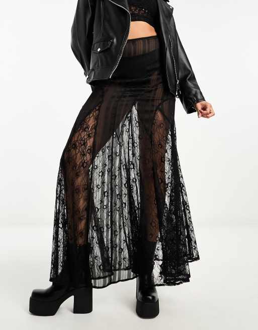 Sheer Floral Lace Maxi Skirt Black