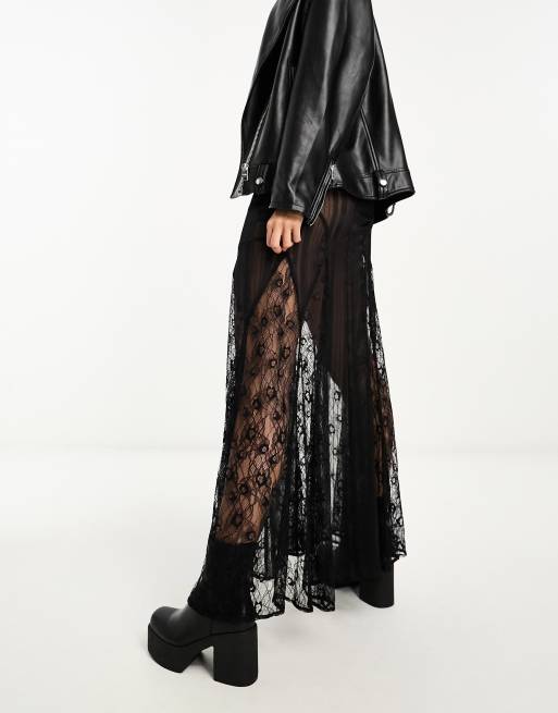 ASOS DESIGN sheer maxi skirt with lace inserts in black | ASOS