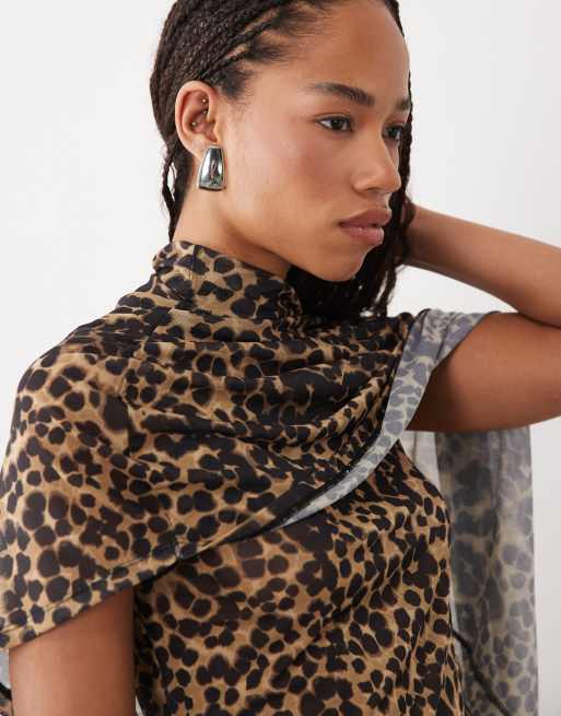 ASOS DESIGN sheer mesh asymmetric cape shoulder top in animal print, 3 of 4