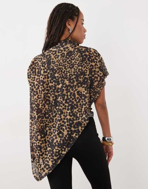 ASOS DESIGN sheer mesh asymmetric cape shoulder top in animal print, 4 of 4