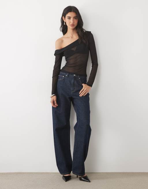 ASOS DESIGN sheer mesh asymmetric long sleeve top in black, 2 of 4