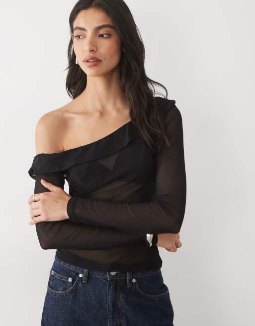 ASOS DESIGN sheer mesh asymmetric long sleeve top in black, 4 of 4
