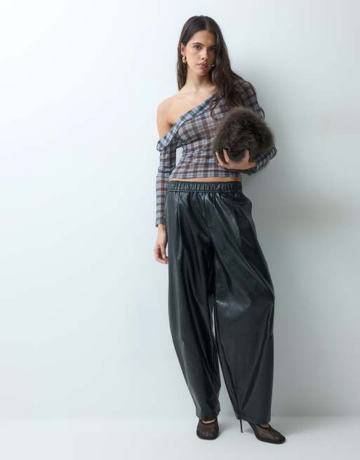 ASOS DESIGN sheer mesh asymmetric long sleeve top in check print, 3 of 5