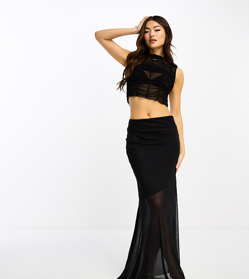 ASOS DESIGN sheer mesh asymmetric maxi skirt in black