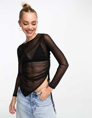 ASOS DESIGN ruched mesh overlay asymmetric cami top in black, £13.50