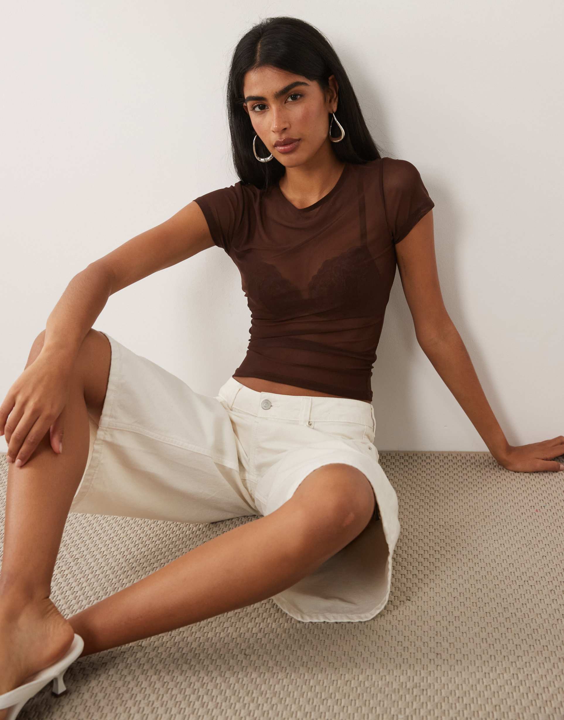 asos design sheer mesh baby tee in chocolate