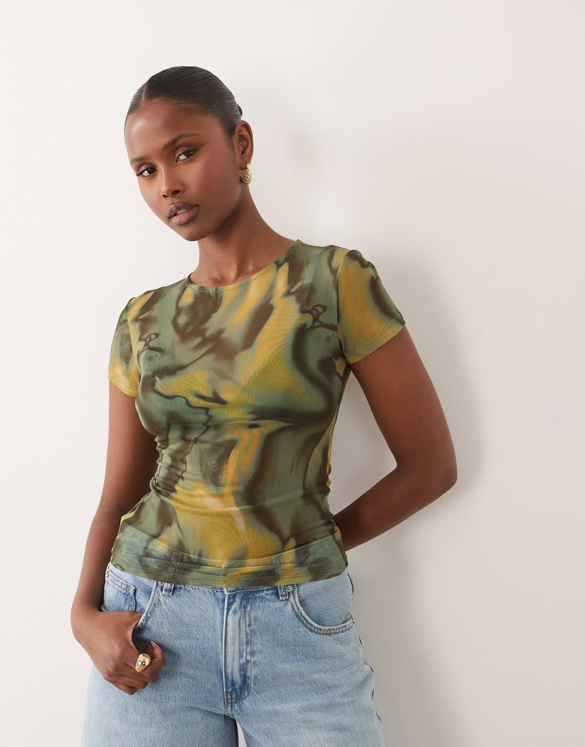 asos design sheer mesh baby tee in green abstract
