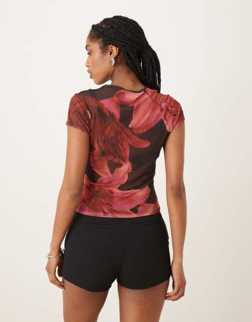 ASOS DESIGN sheer mesh baby tee in pink floral print, 3 of 4