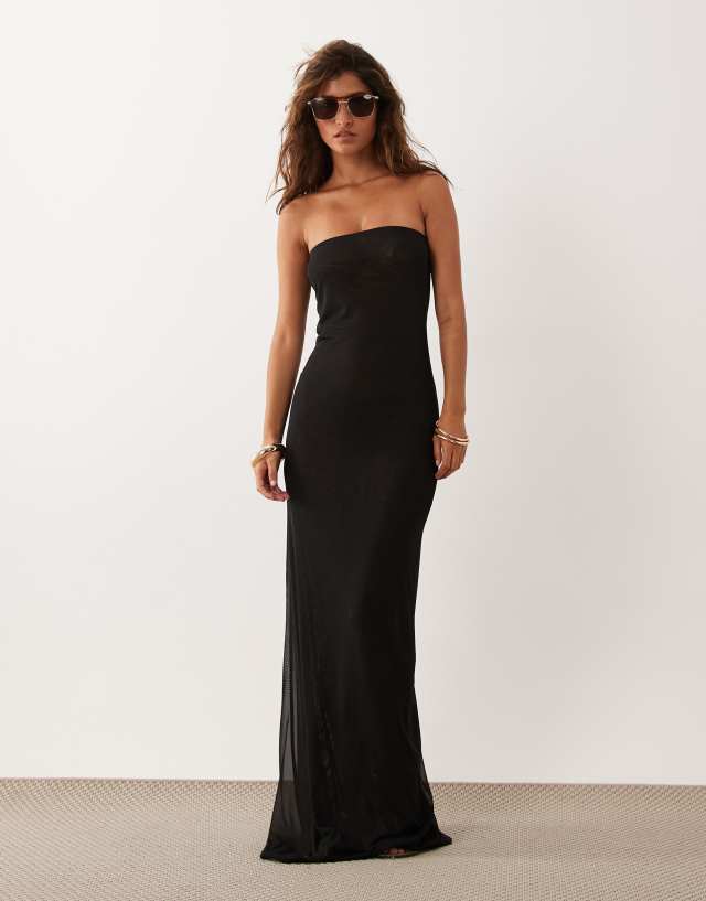 sheer mesh dress black ASOS DESIGN bandeau maxi in bar look berry 1st birthday Fit & Flare Flowy Color:Silver*