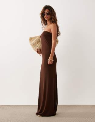 Asos Design Sheer Mesh Bandeau Maxi Dress In Brown