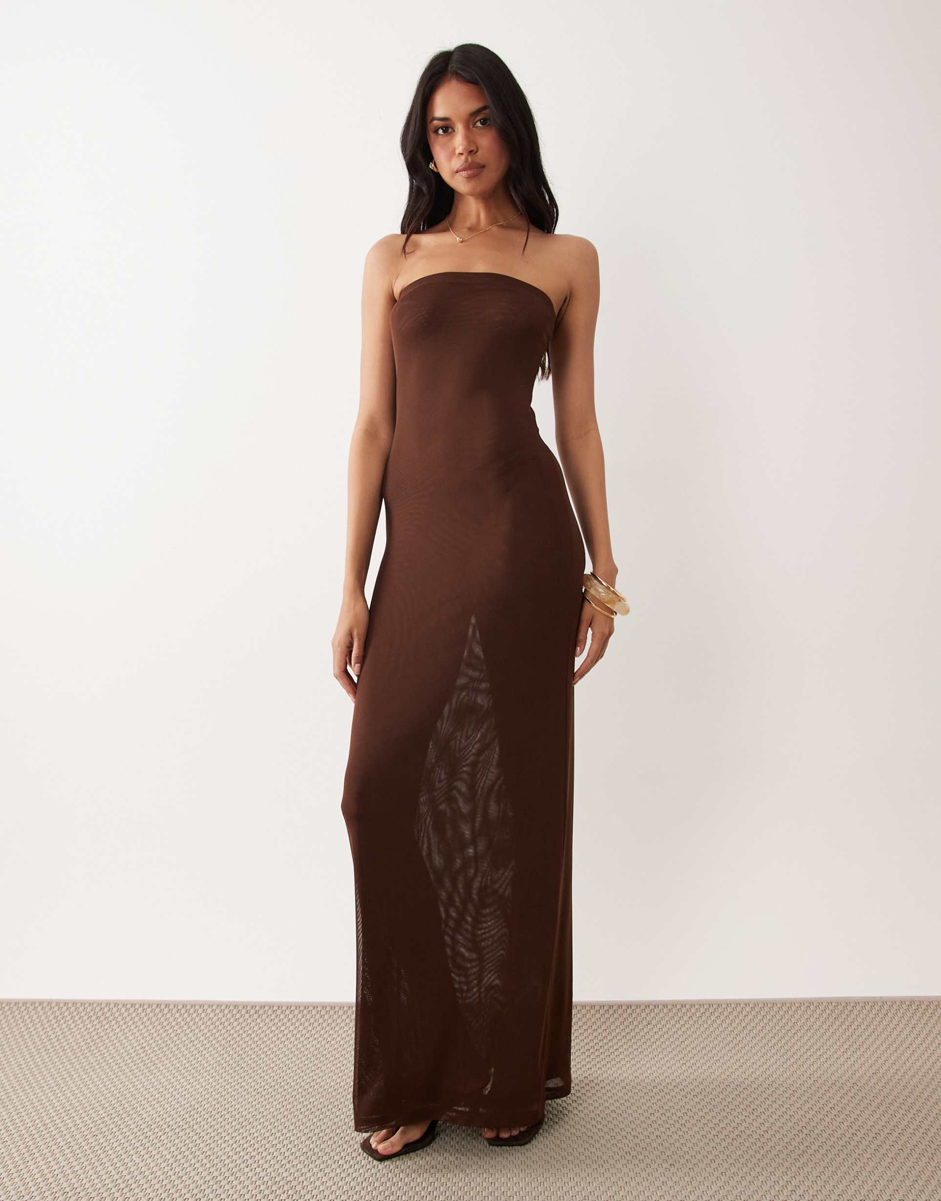 asos design sheer mesh bandeau maxi dress in chocolate