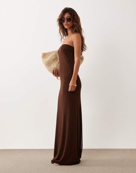ASOS DESIGN sheer mesh bandeau maxi dress in chocolate
