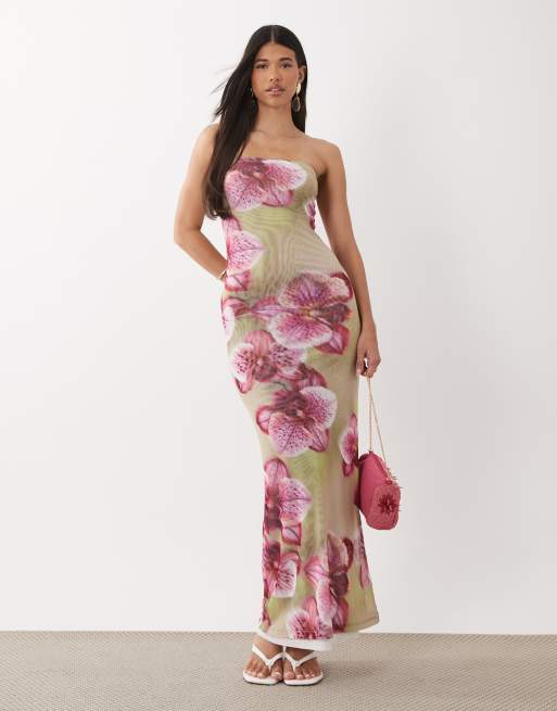 ASOS DESIGN sheer mesh bandeau maxi dress in green floral, 6 of 7