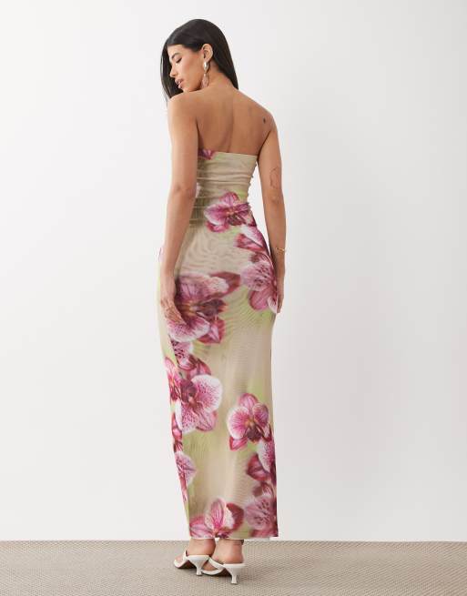 ASOS DESIGN sheer mesh bandeau maxi dress in green floral, 7 of 7