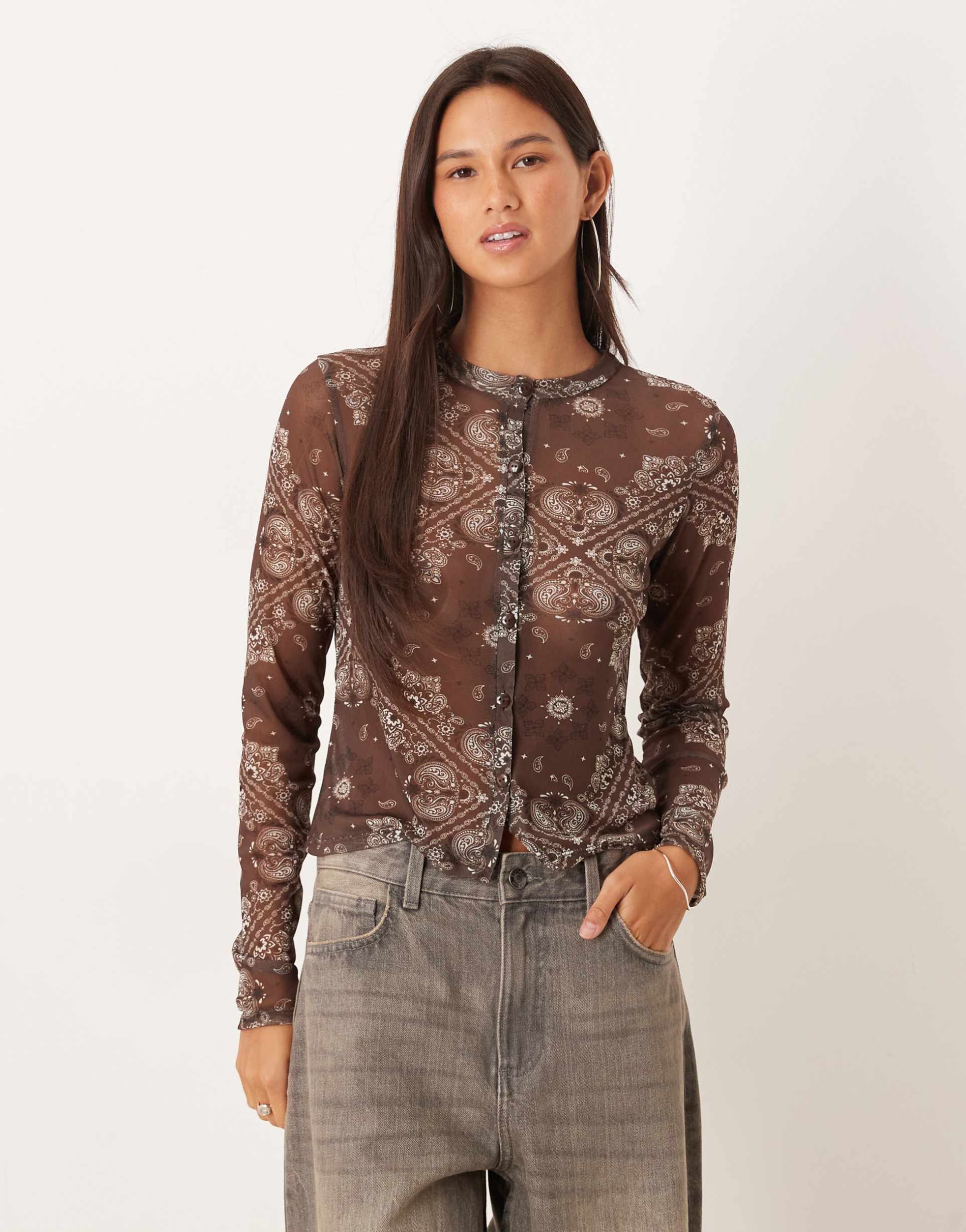 asos design sheer mesh button up top in brown scarf print