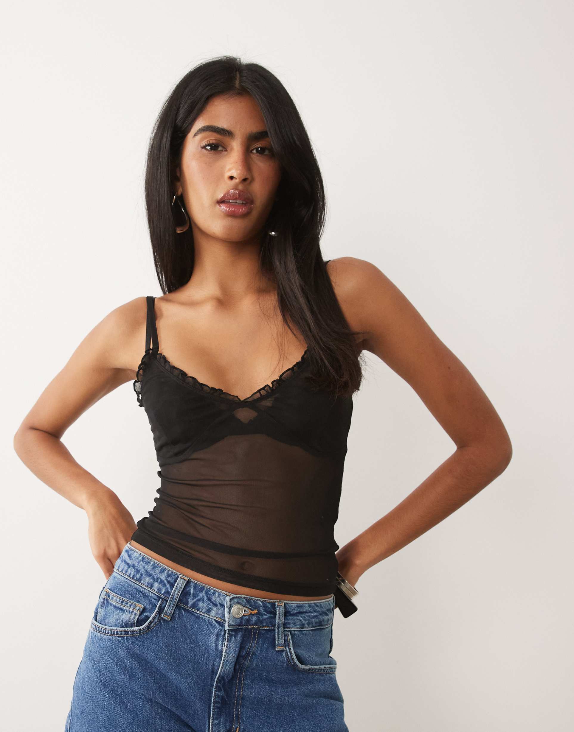 asos design sheer mesh cami top in black