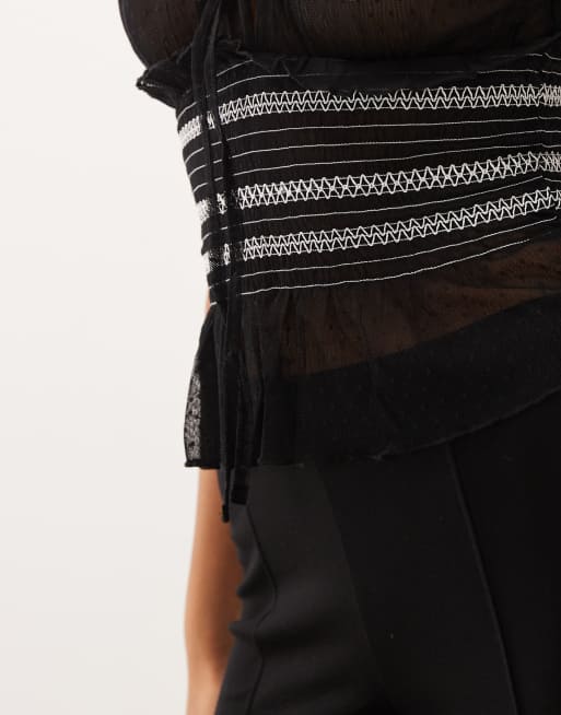 ASOS DESIGN sheer mesh cami top with shirred waist in black, 3 of 4