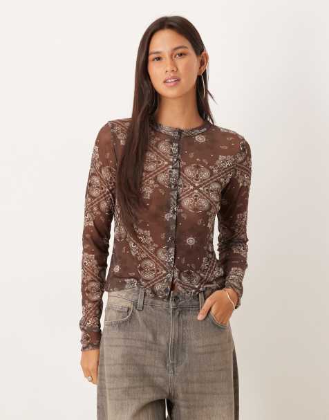 ASOS DESIGN sheer mesh cardigan in brown scarf print - view 1