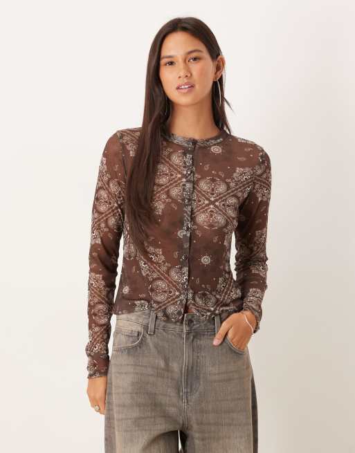 ASOS DESIGN sheer mesh cardigan in brown scarf print
