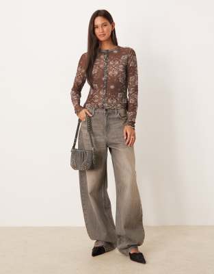 Asos Design Sheer Mesh Cardigan In Brown