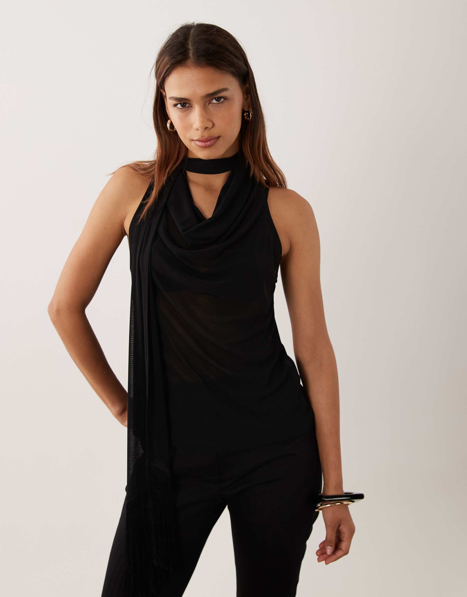 asos design sheer mesh cowl neck top with fringe scarf in black