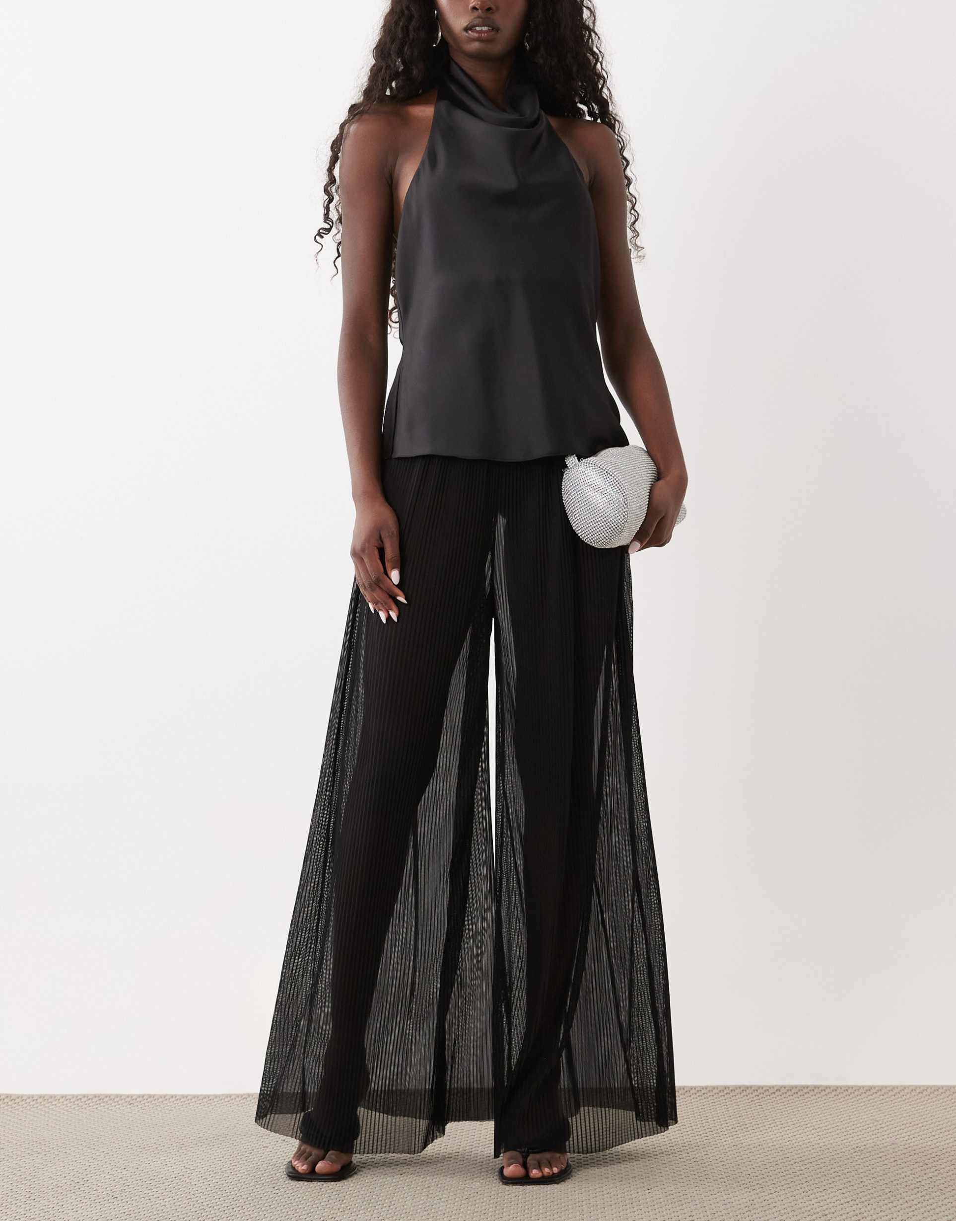 ASOS DESIGN sheer mesh crinkle wide leg trousers in black