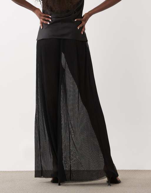 ASOS DESIGN sheer mesh crinkle wide leg trousers in black, 5 of 5