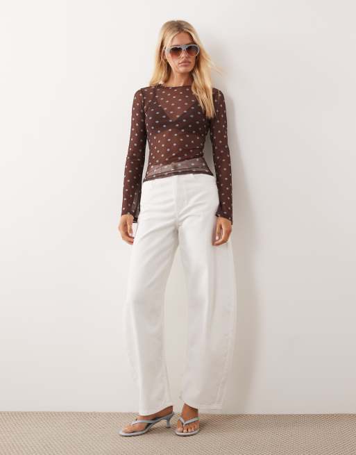 ASOS DESIGN sheer mesh flare long sleeve top in brown polka dot, 2 of 4
