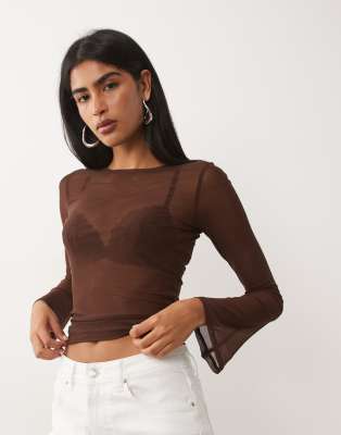 Asos Design Sheer Mesh Flare Long Sleeve Top In Brown
