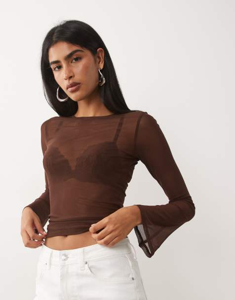 ASOS DESIGN sheer mesh flare long sleeve top in chocolate - view 1