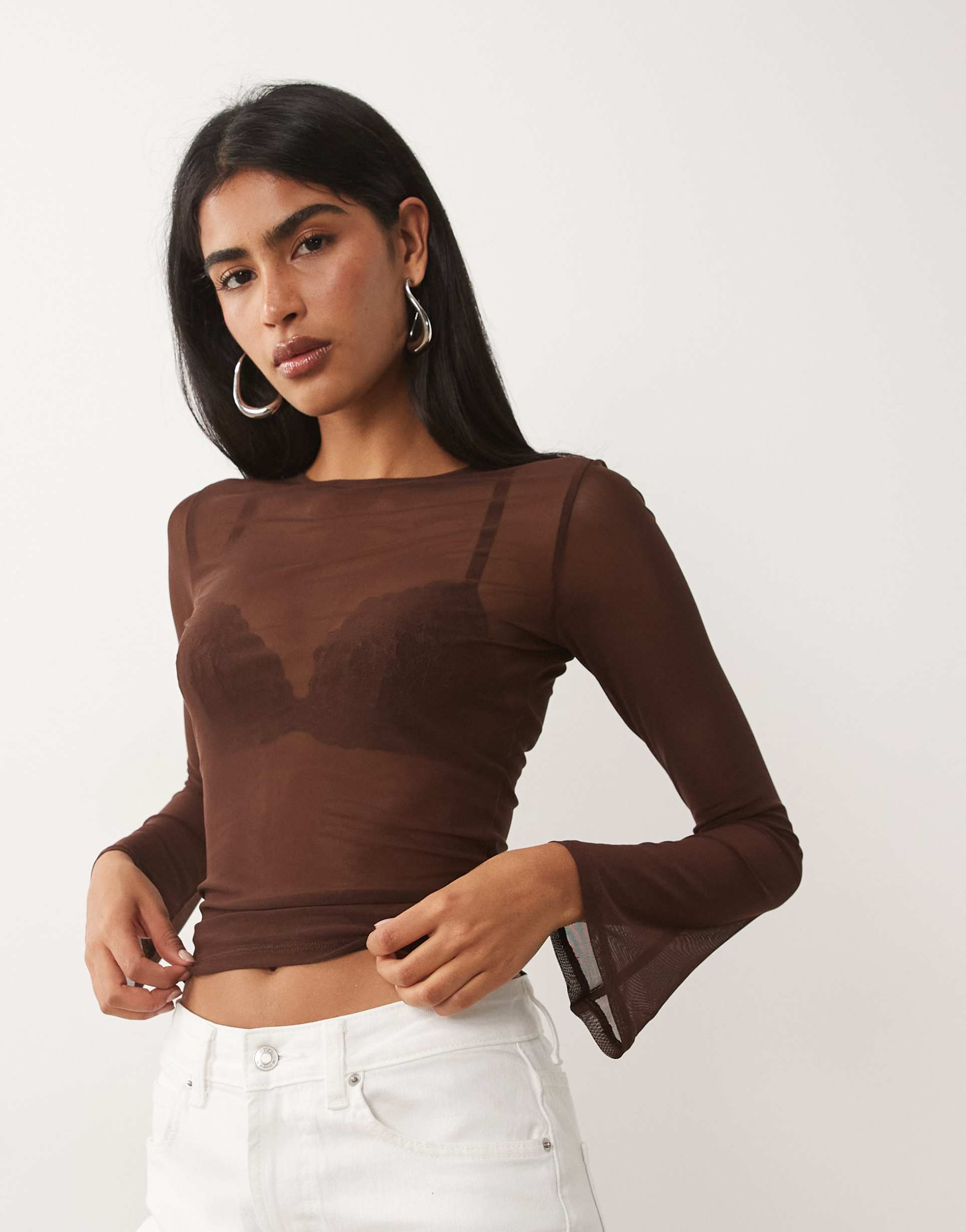 asos design sheer mesh flare long sleeve top in chocolate
