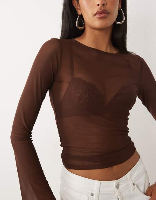 ASOS DESIGN sheer mesh flare long sleeve top in chocolate, 3 of 4