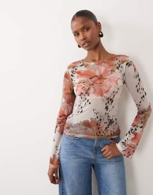Asos Design Sheer Mesh Flare Long Sleeve Top In Neutral
