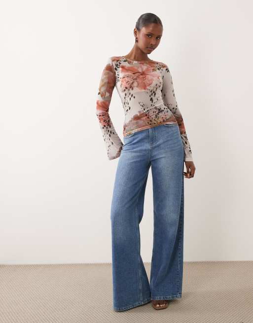ASOS DESIGN sheer mesh flare long sleeve top in spotted floral | ASOS