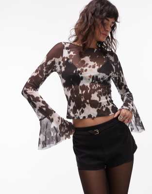 Asos Design Sheer Mesh Flare Sleeve Top In Gray