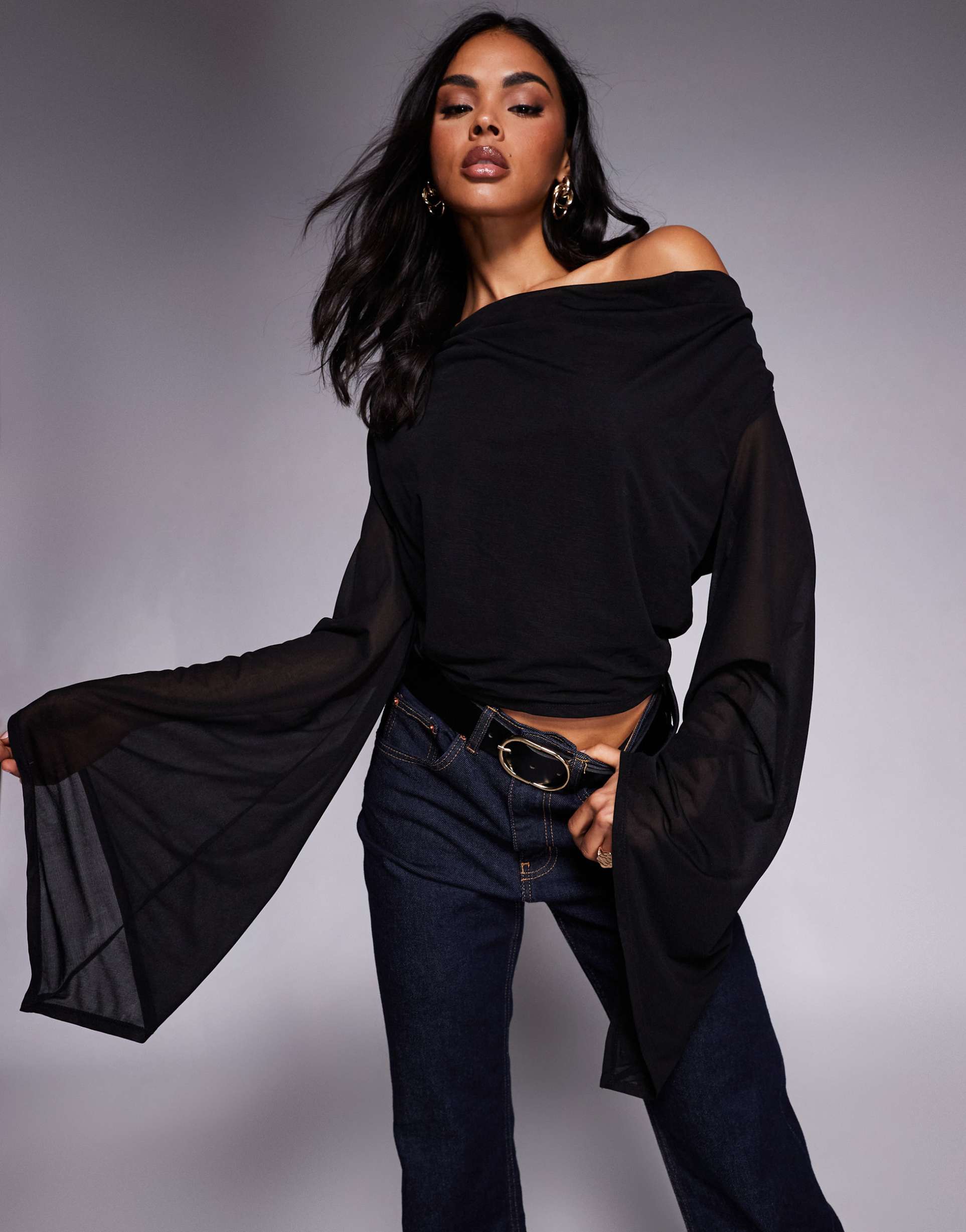 asos design sheer mesh flared sleeve cowl cape top in black