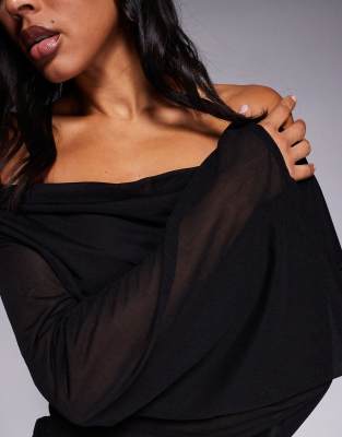 Asos Design Sheer Mesh Flared Sleeve Cowl Cape Top In Black