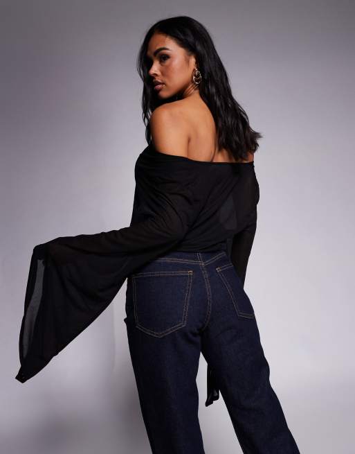 ASOS DESIGN sheer mesh flared sleeve cowl cape top in black