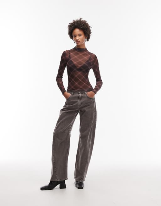 ASOS DESIGN sheer mesh funnel neck long sleeve top in brown plaid print
