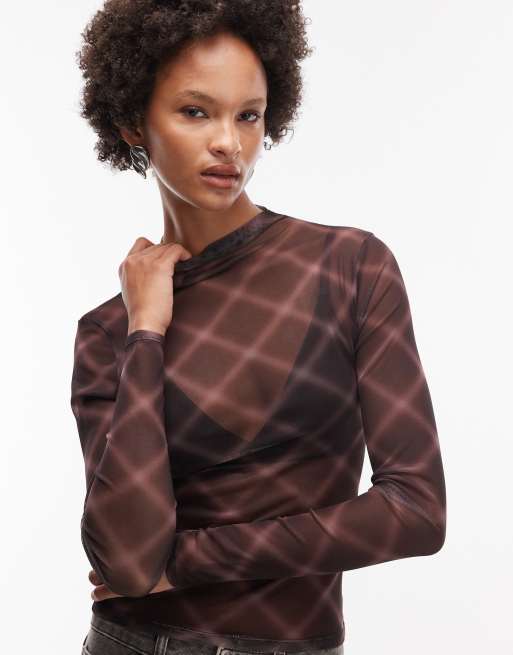 ASOS DESIGN sheer mesh funnel neck long sleeve top in brown plaid print