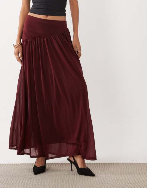 ASOS DESIGN sheer mesh gathered maxi skirt with asymmetric waist in wine, 2 of 5