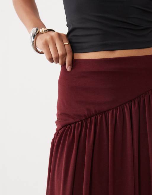 ASOS DESIGN sheer mesh gathered maxi skirt with asymmetric waist in wine, 3 of 5