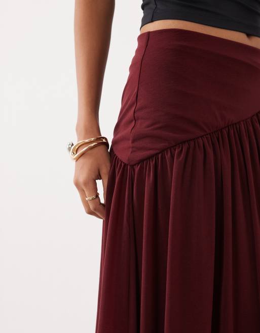 ASOS DESIGN sheer mesh gathered maxi skirt with asymmetric waist in wine, 5 of 5