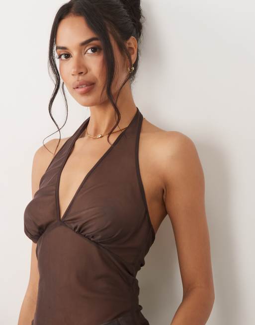 ASOS DESIGN sheer mesh halter neck top in chocolate, 3 of 4