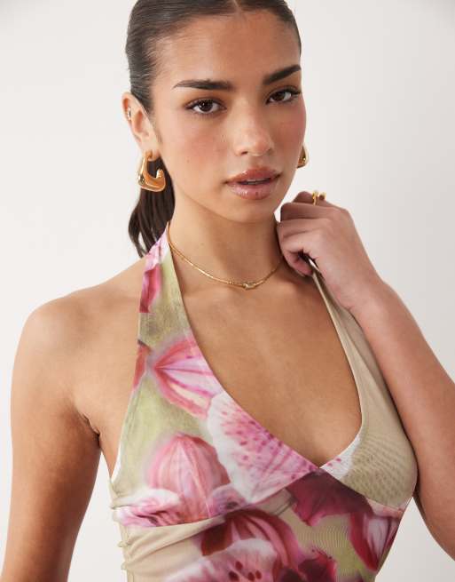 ASOS DESIGN sheer mesh halterneck top in green floral, 3 of 4